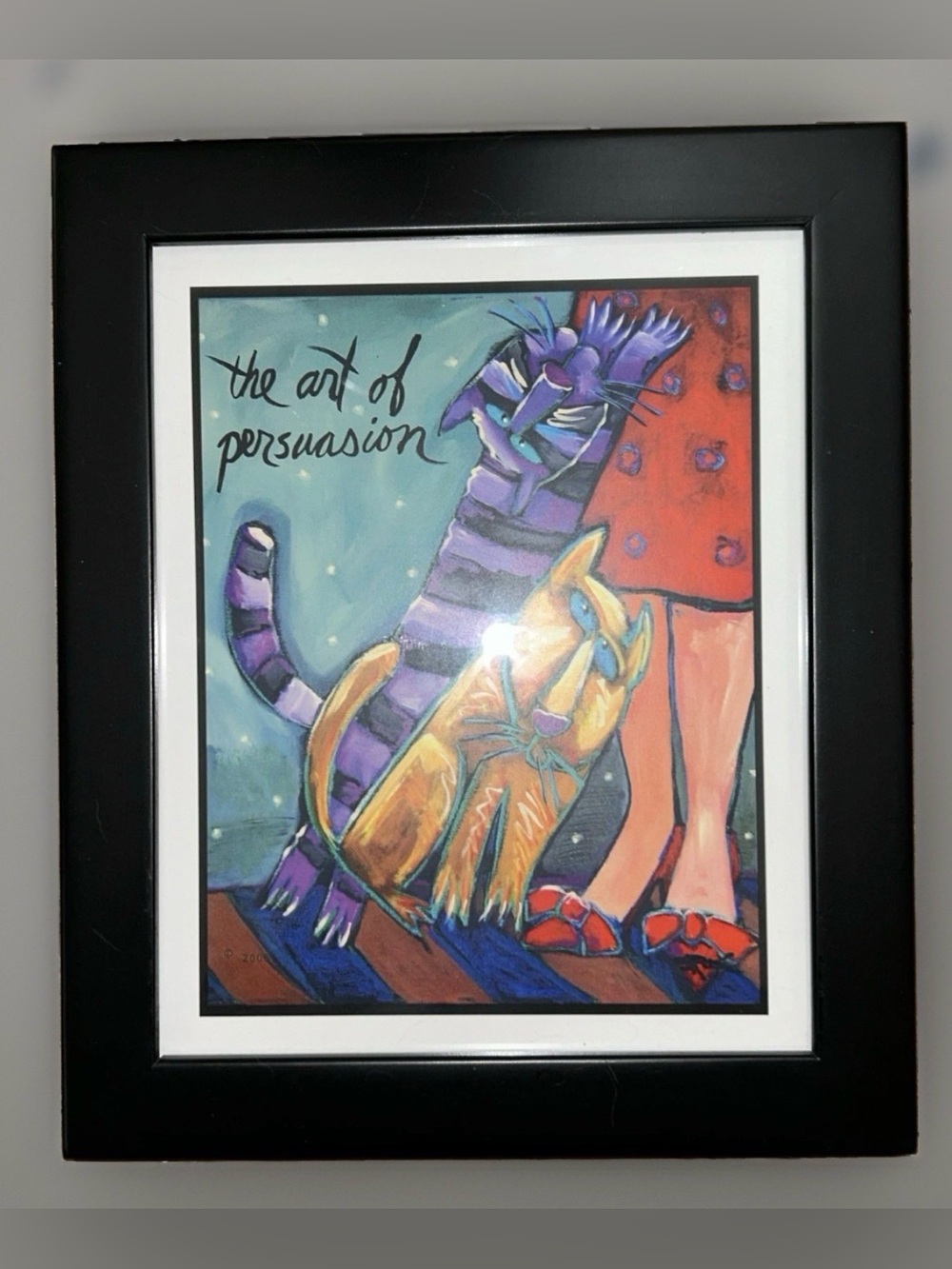 Whimsical acrylic cat painting titled "The art of persuasion” By Susan Rene 2005